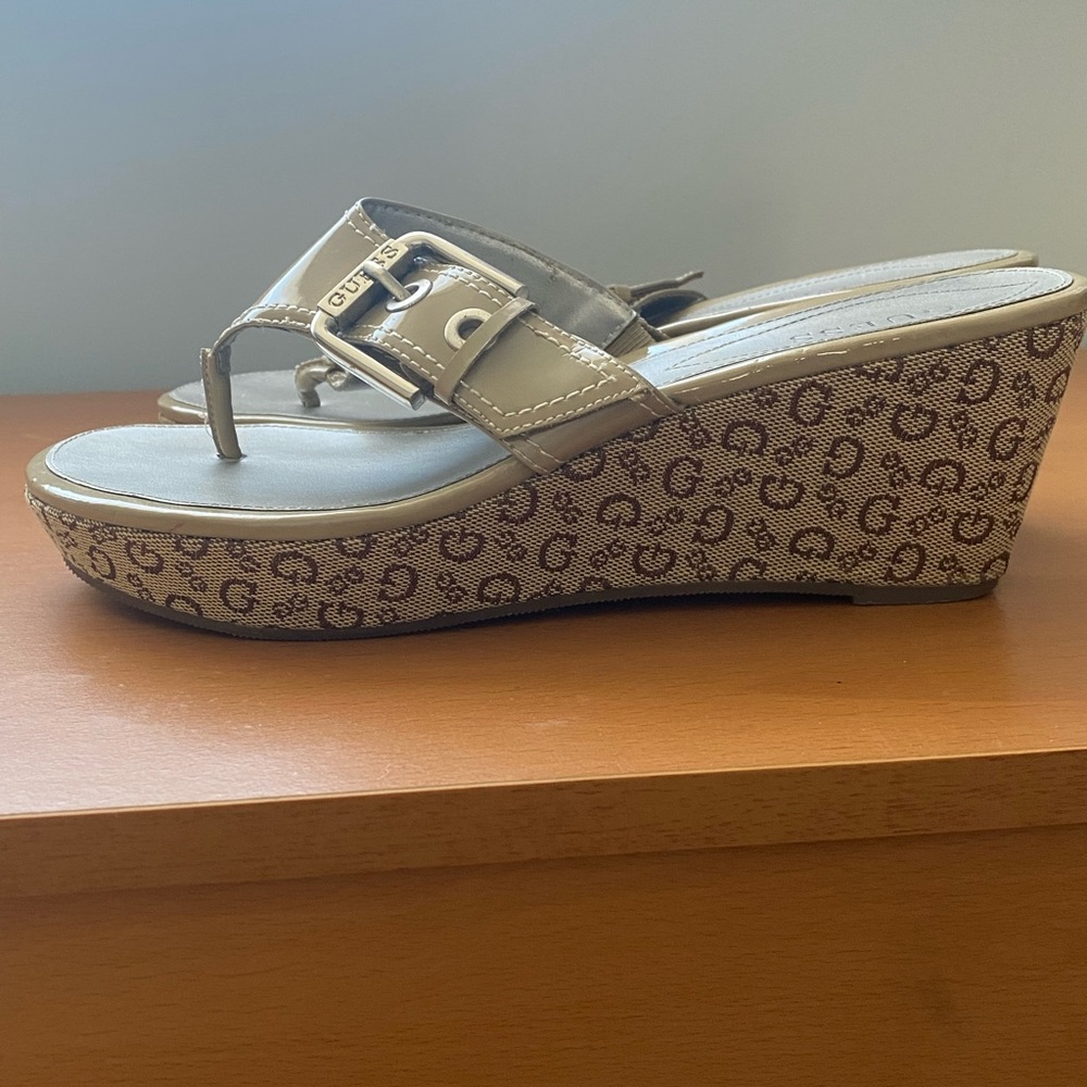 Guess Tan and Brown Wedge Sandals with Cork-Style Heel